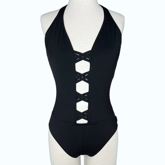 Kenneth Cole New York One Piece Swimsuit sz S * Black Cage Front Halter Peekaboo - Picture 1 of 8